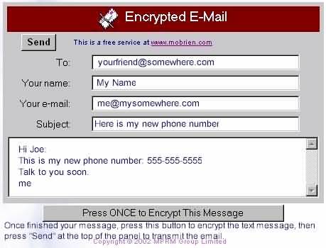 This is an example of what the Encrypted Email Panel at mobrien.com looks like.